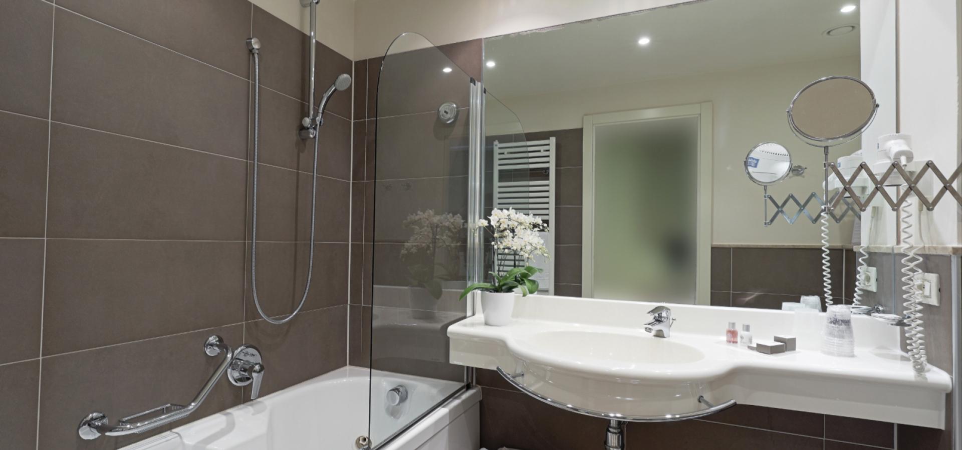 Modern bathroom with bathtub, shower, mirror, and sink with decorative plant.