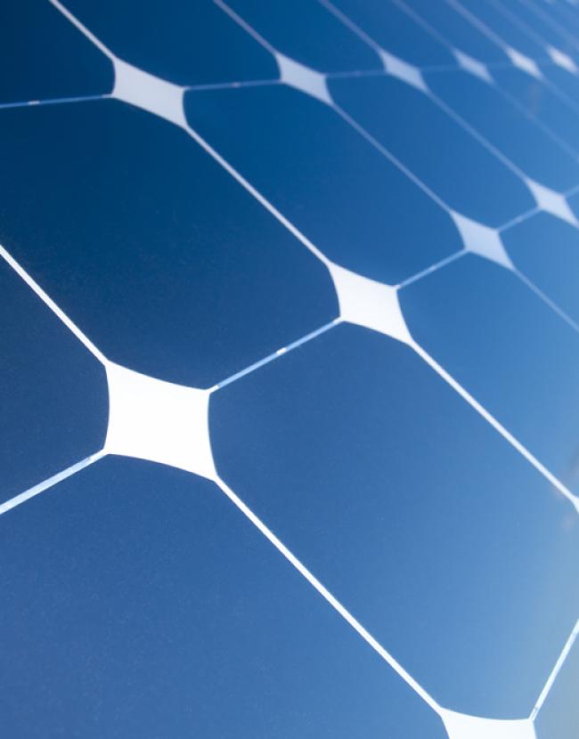 Blue solar panels capturing sunlight for electricity generation.